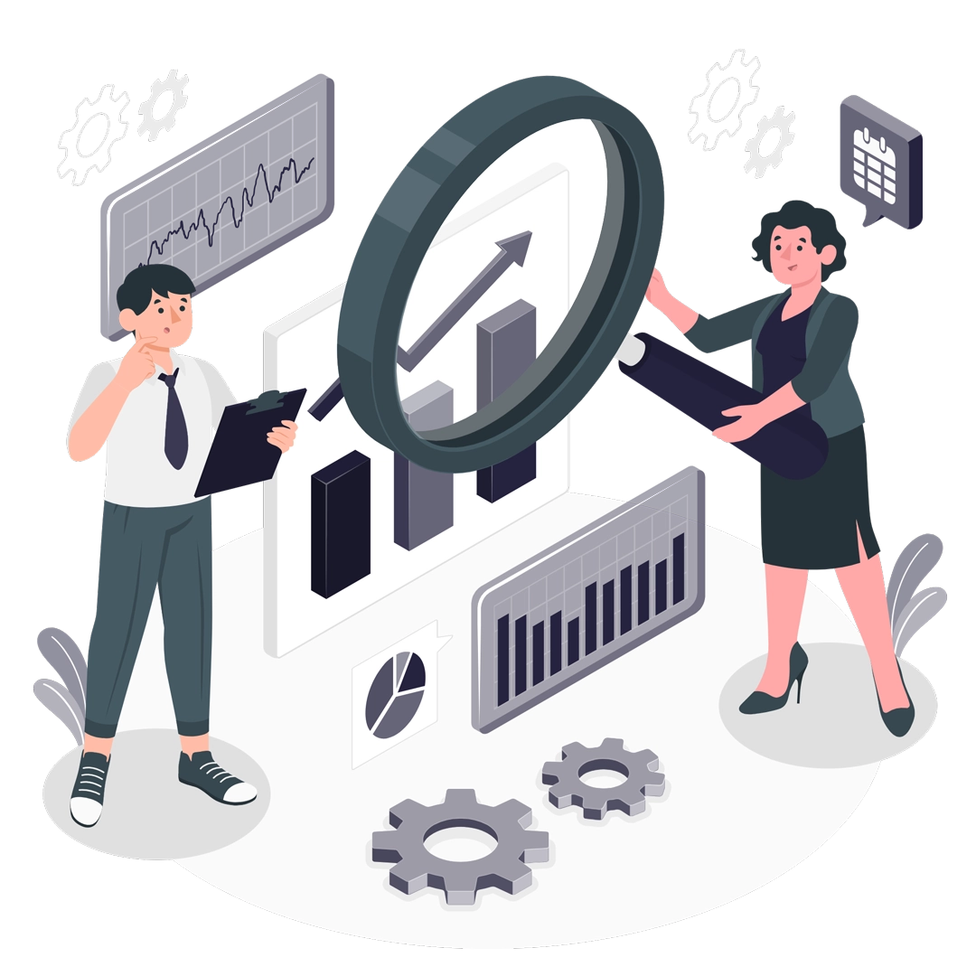 Two professionals analyze data on growth charts, surrounded by gear icons and digital elements, symbolizing teamwork and business strategy
